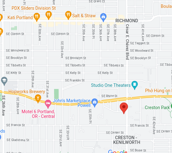 Location of in-person site on a map showing about 10 blocks around it in Southeast Portland.